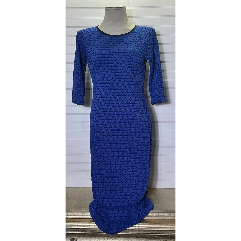 Beige By Eci Midi Dress Womens M Blue Black Bodycon 3/4 Sleeve Stretch Geometric - Picture 1 of 6